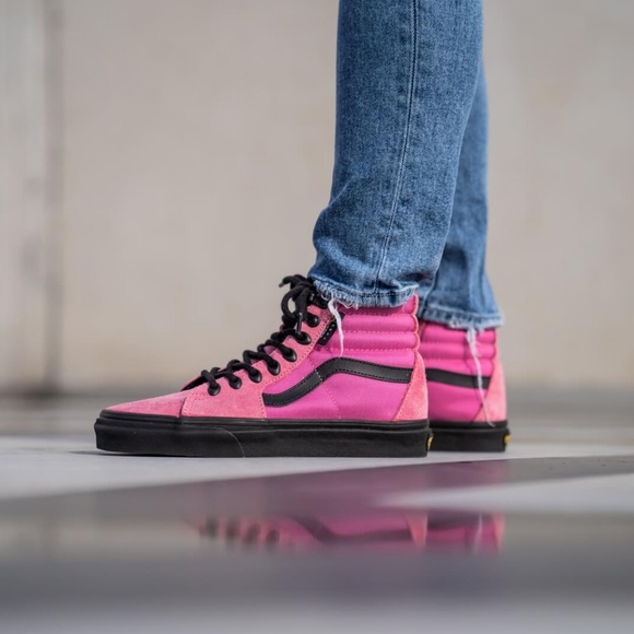pink and black high top vans